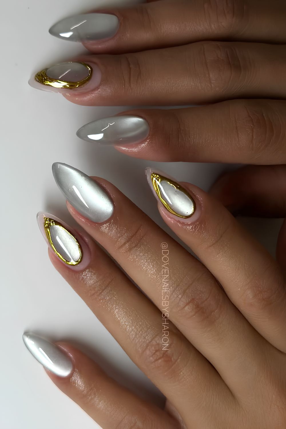 Gray cat eye mani with gold accents