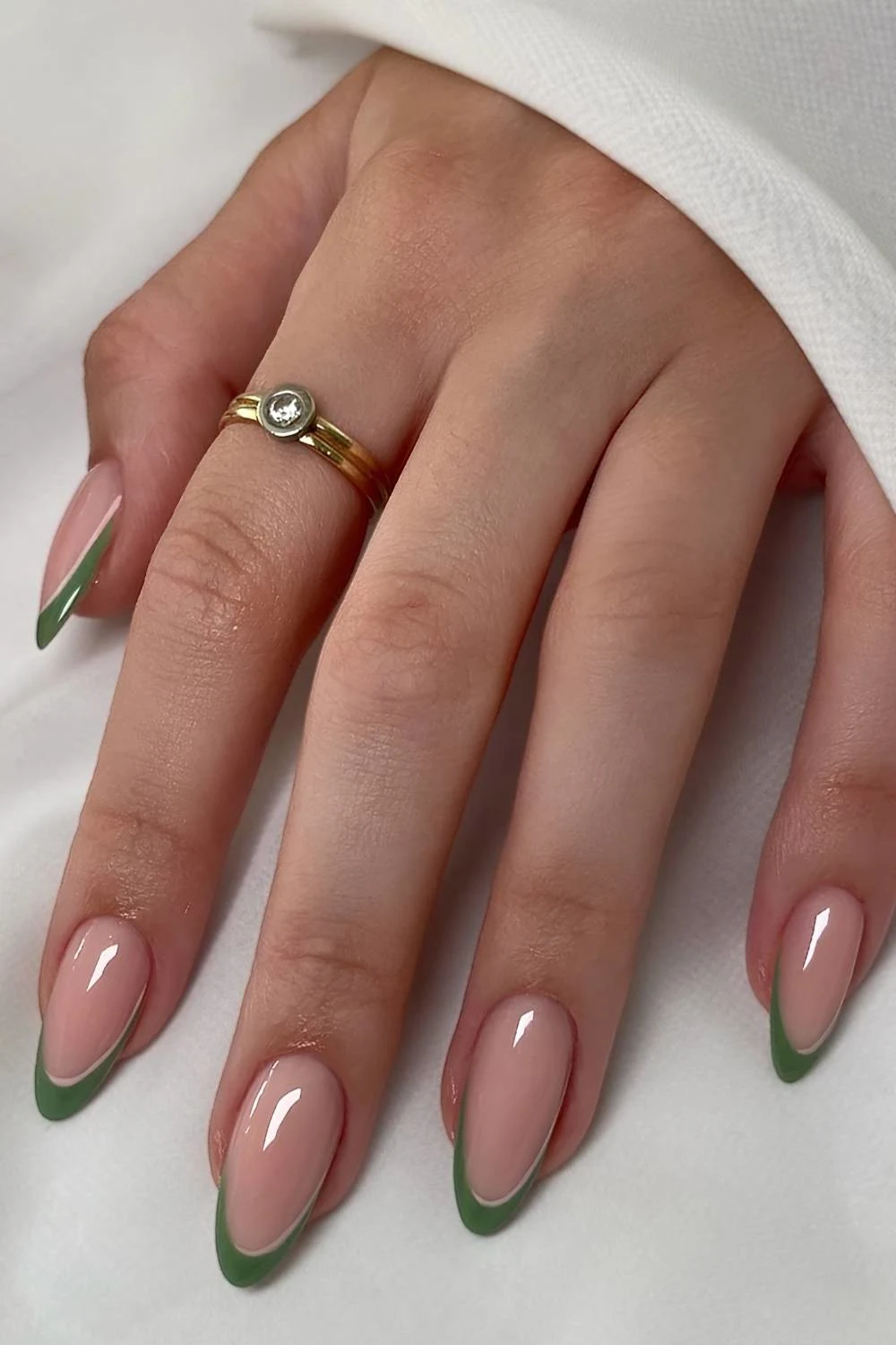 Green French mani with accent pink lines
