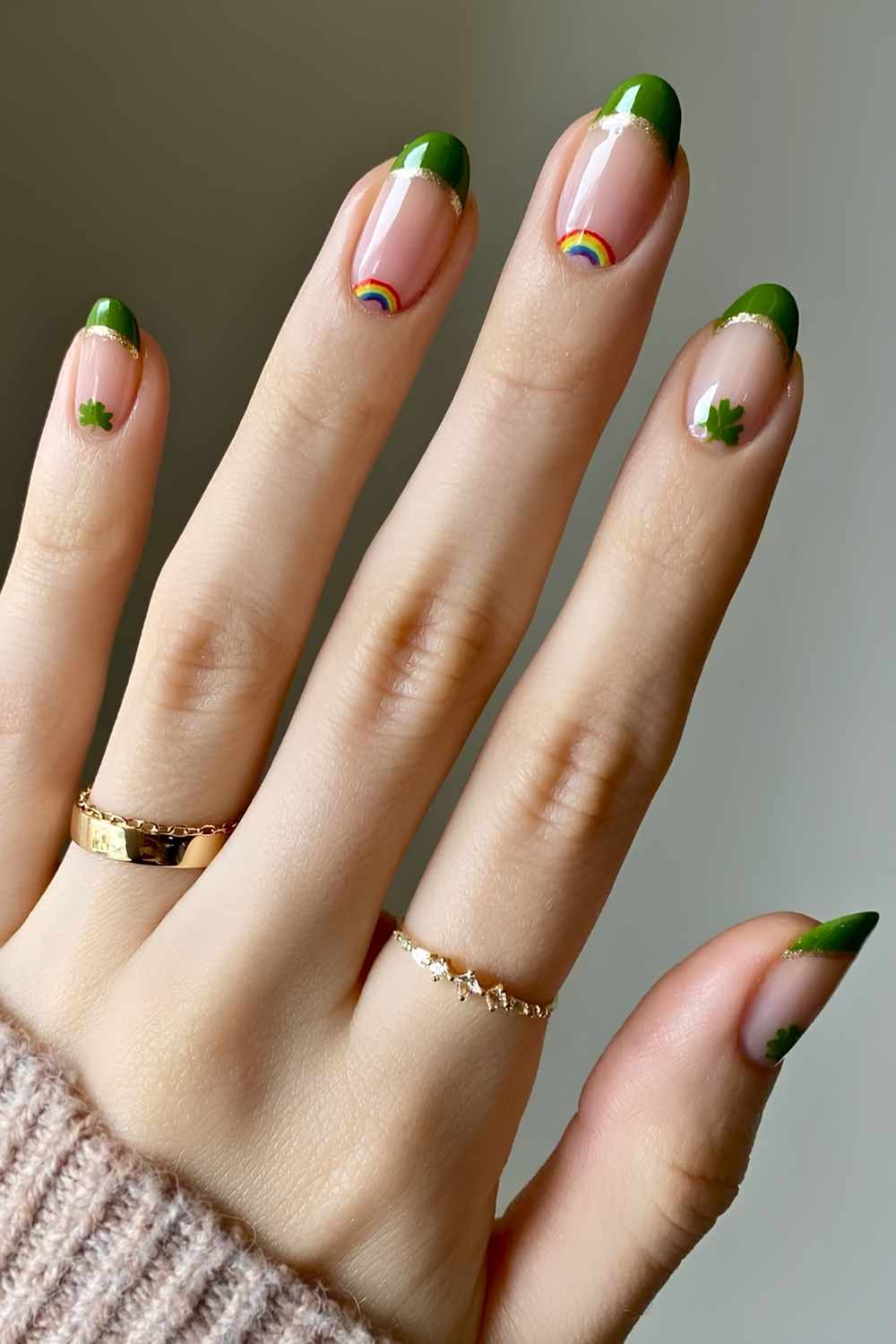 Green French mani with shamrock and rainbow art