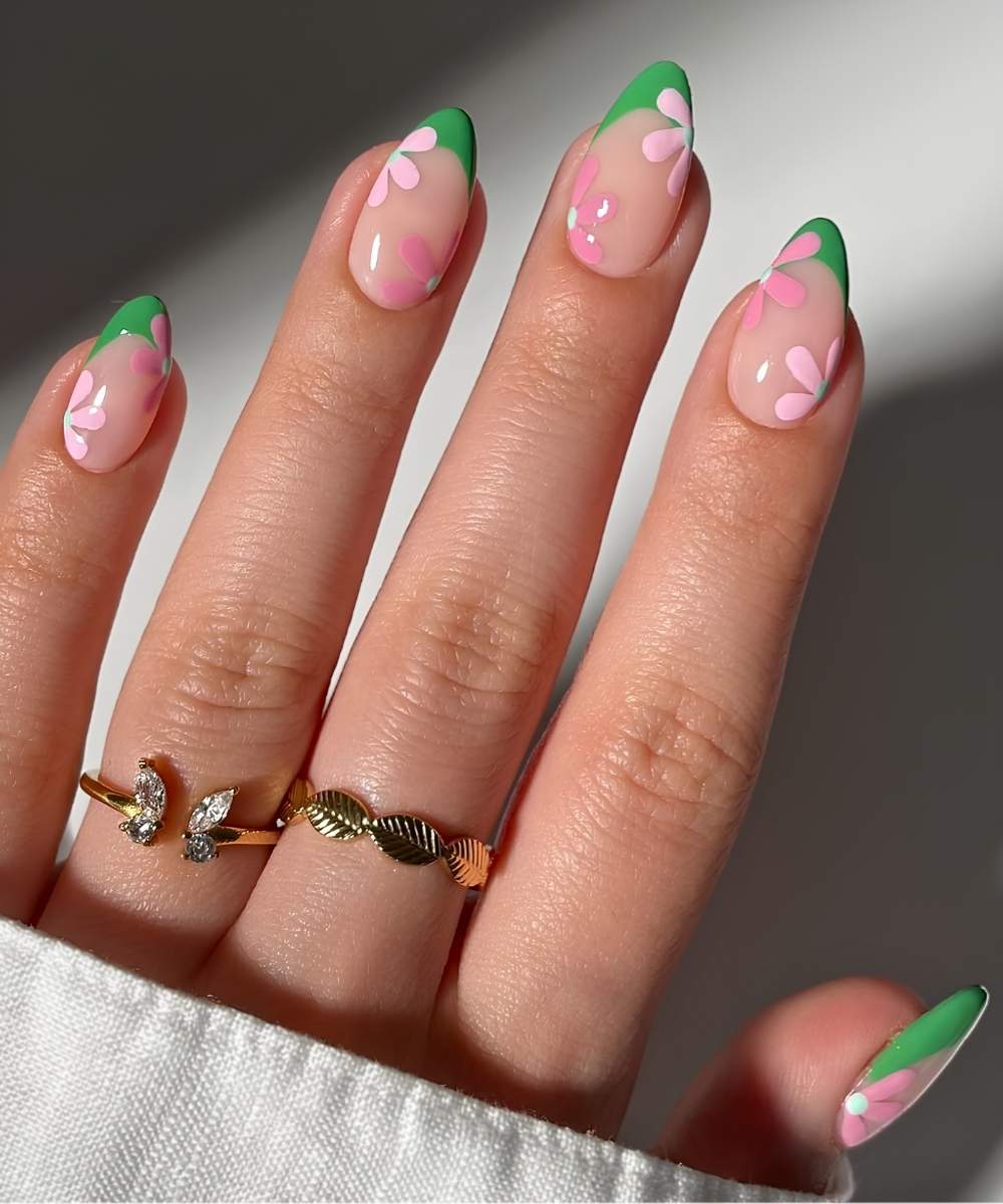 Green French nails with pink florals