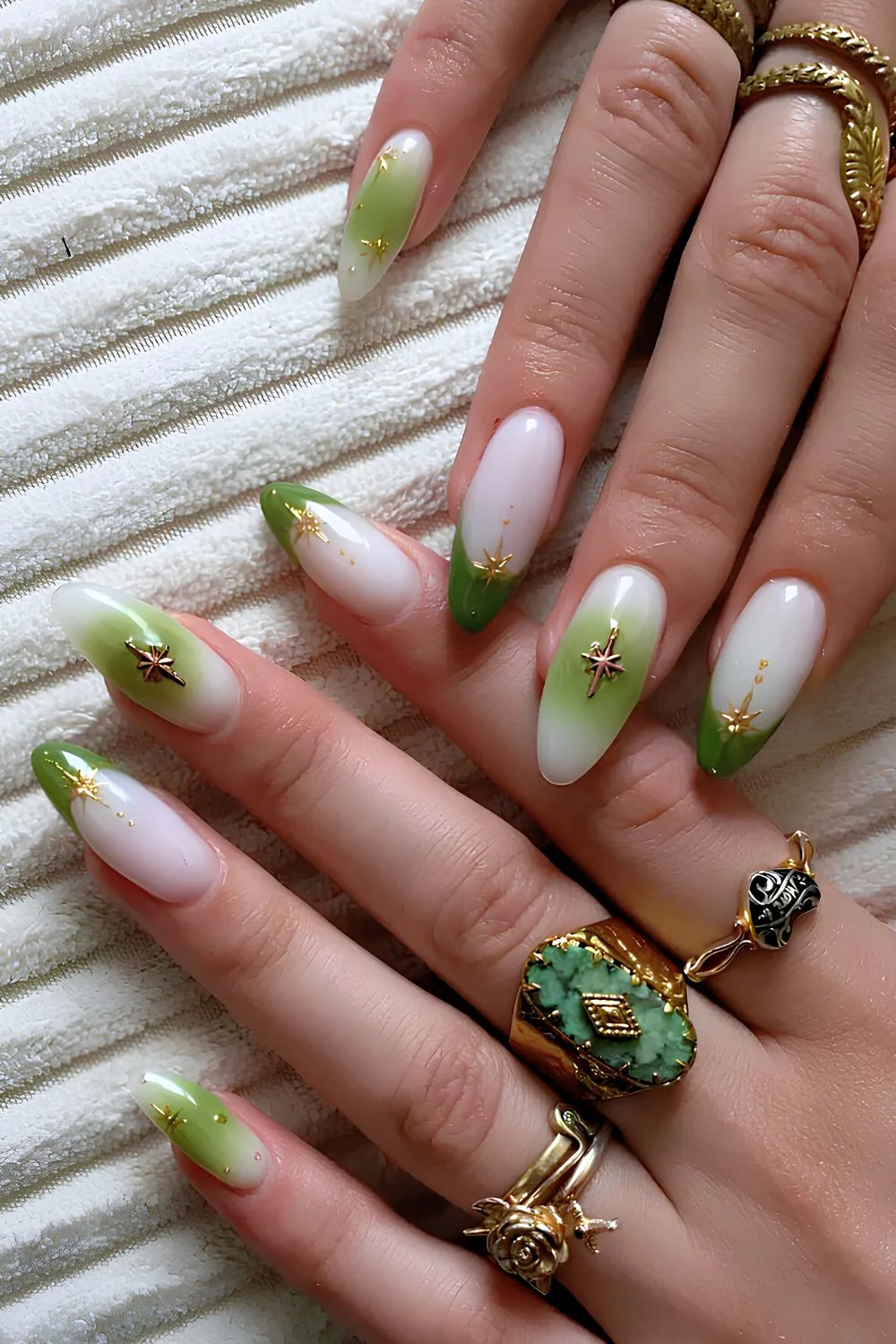 Green and white French mani with aura accents