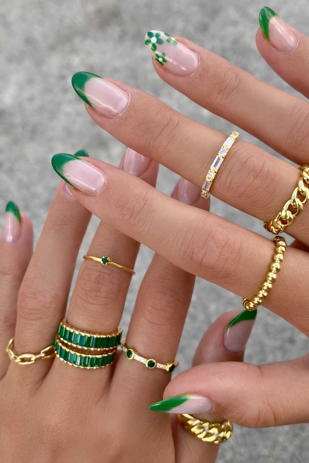 Green floral French manicure