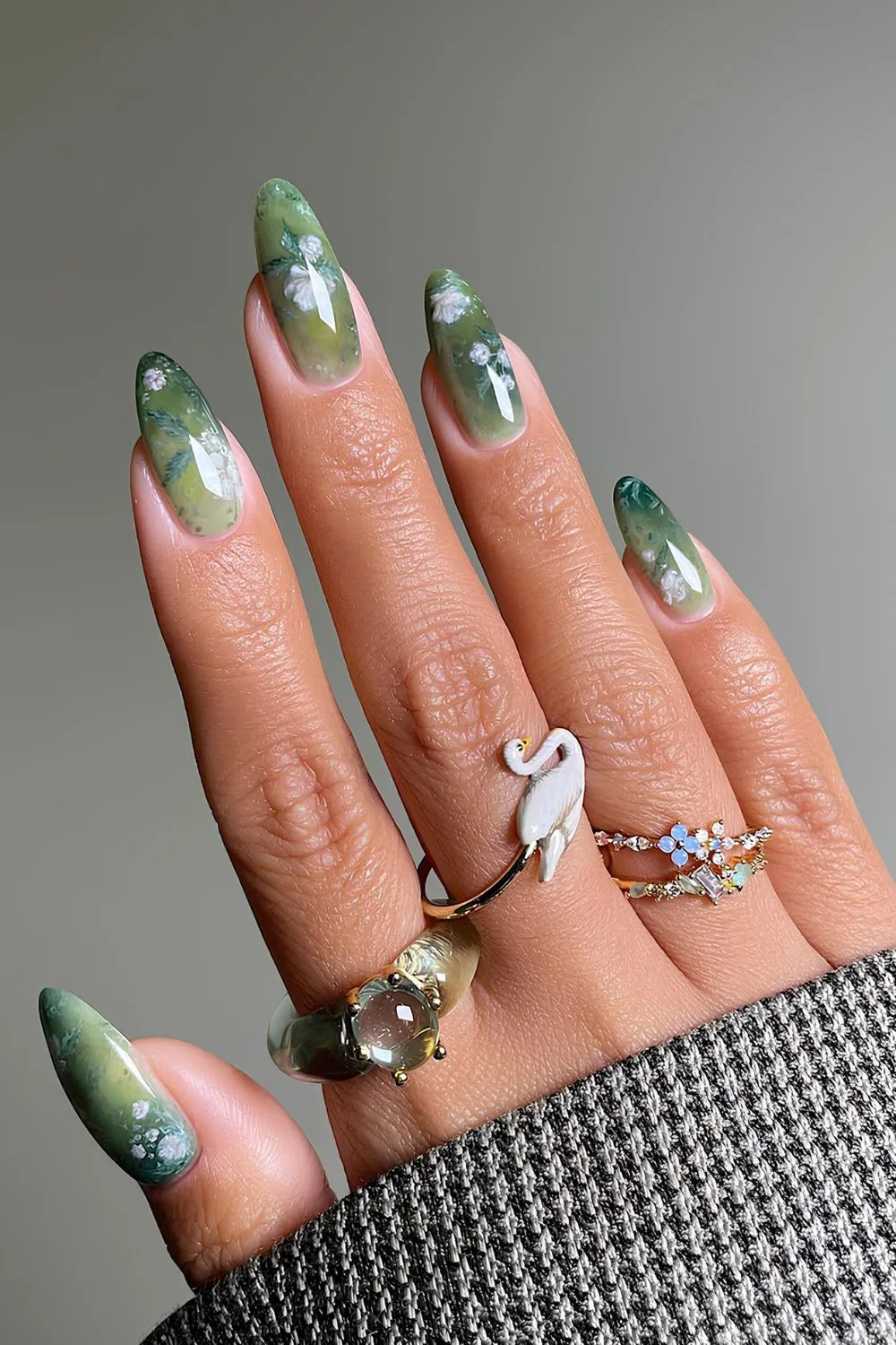 Green floral marble nails