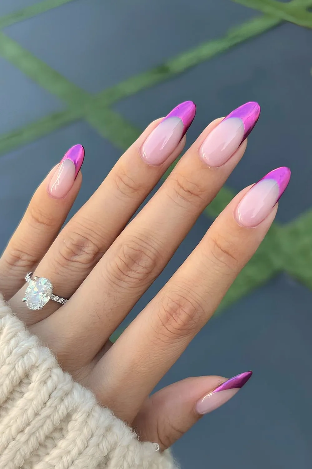 Hot pink chrome French tip nails