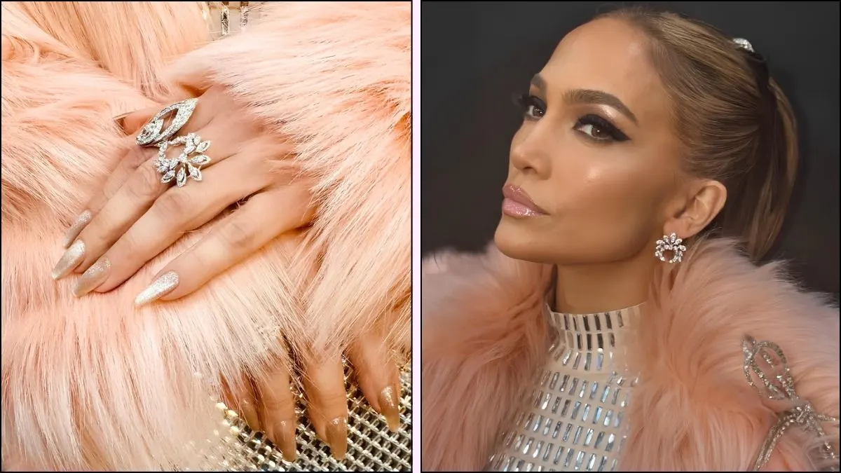 A collage of Jennifer Lopez iced chai manicure on Grammys