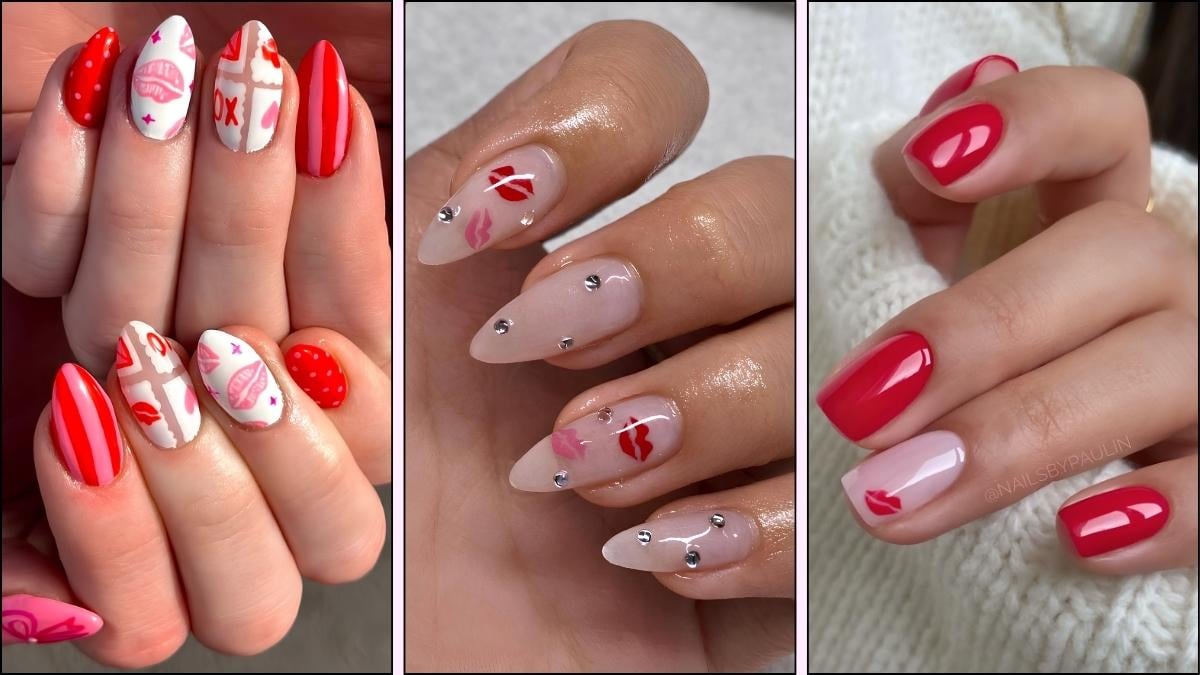 A collage of kissy lip nail art