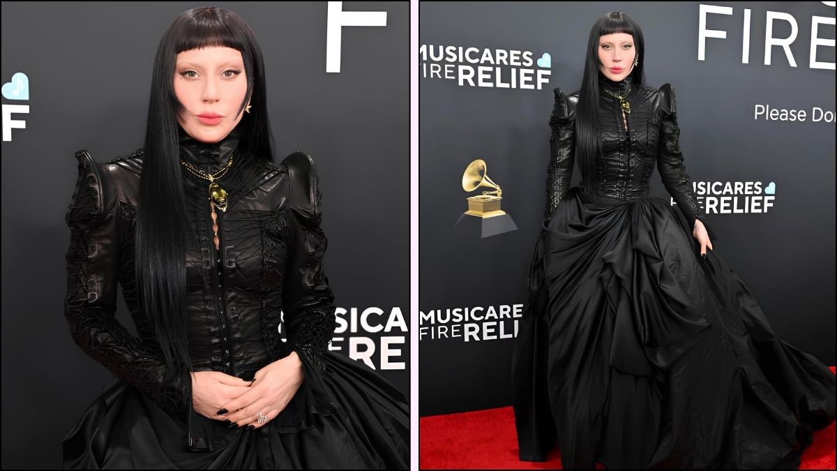 A collage of Lady Gaga in gothic gown at Grammys 2025