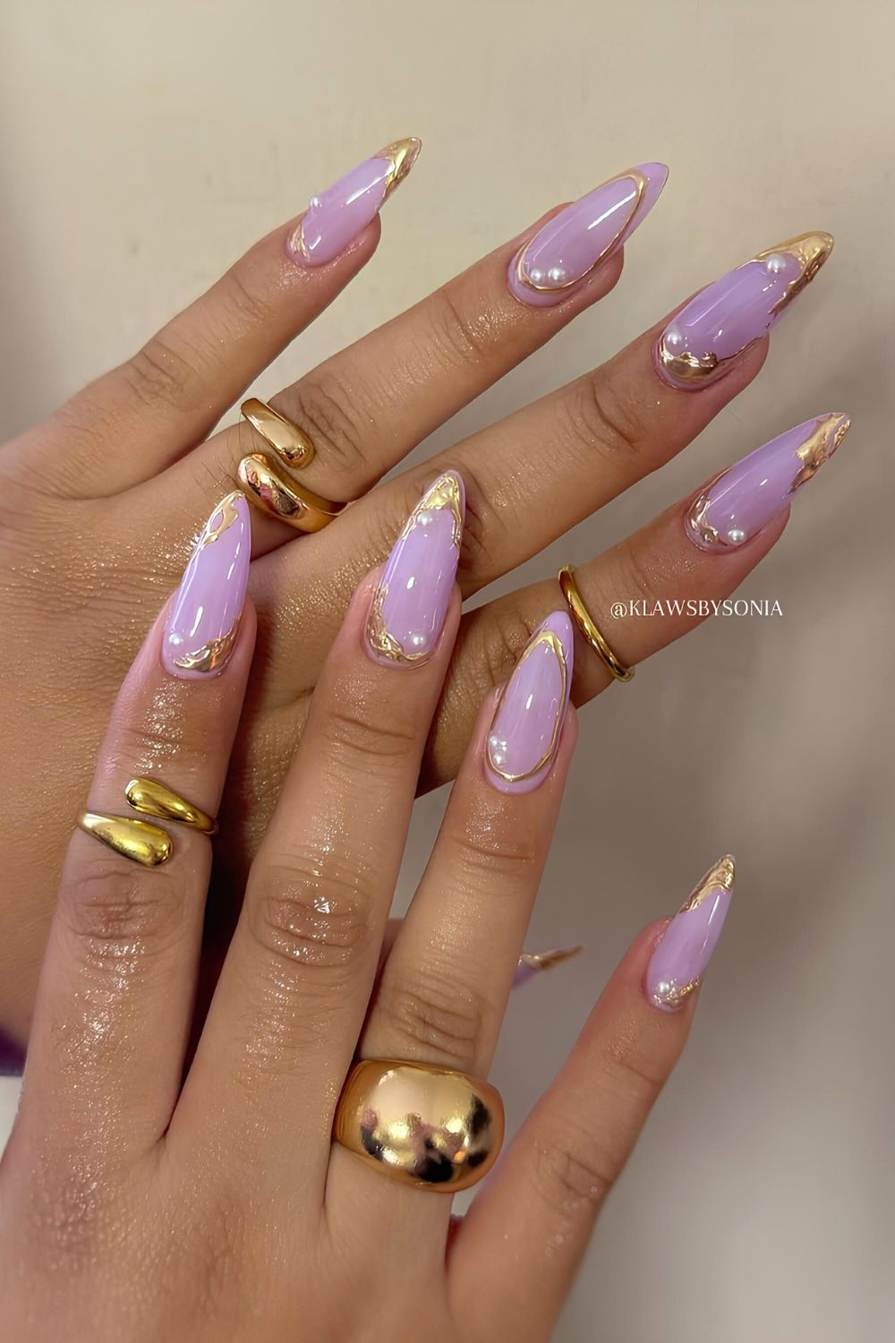 Lavender nails with gold chrome French tips