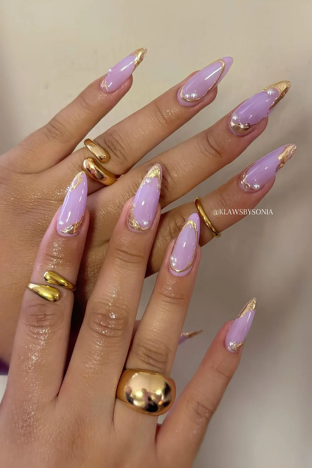 Lavender nails with gold chrome French tips