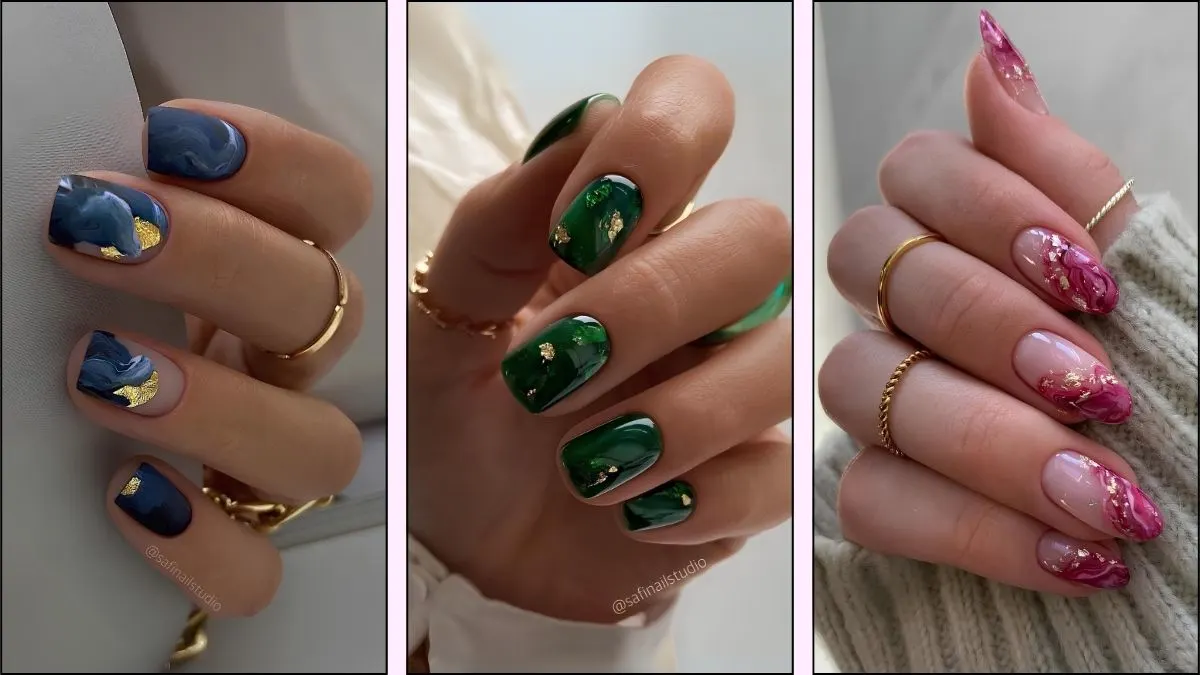 A collage of pretty marble nail designs