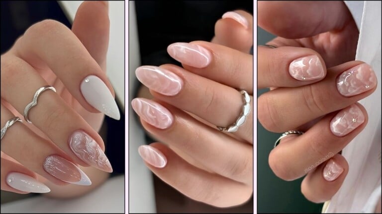 A collage of marble nail designs