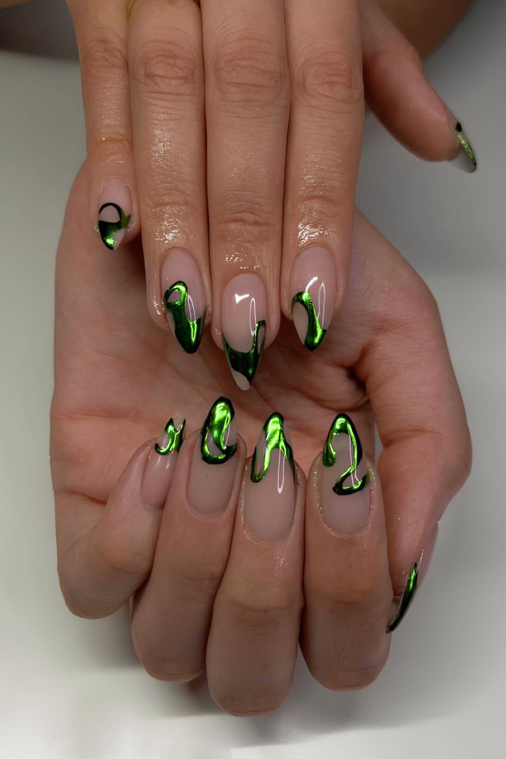 Metallic green abstract French tip nails