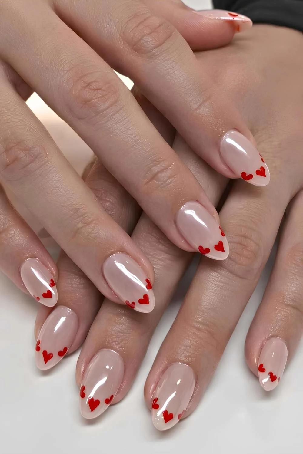 Milky chrome mani with heart French tips