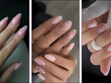 A collage of milky pink nail designs
