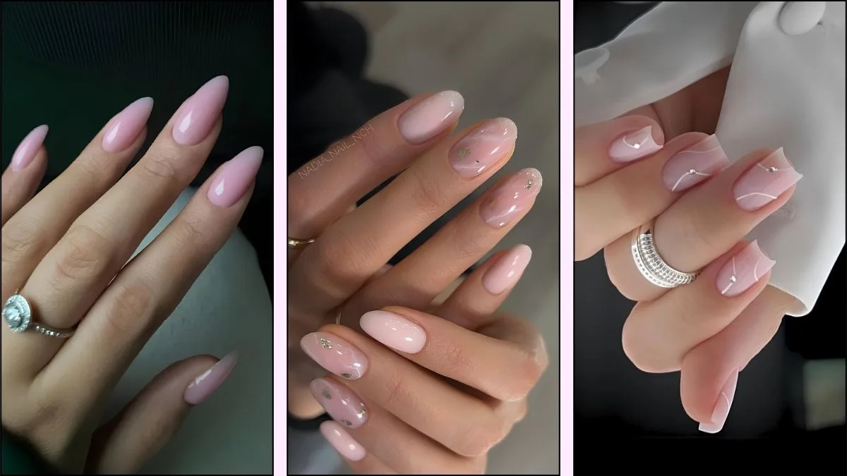 A collage of milky pink nail designs