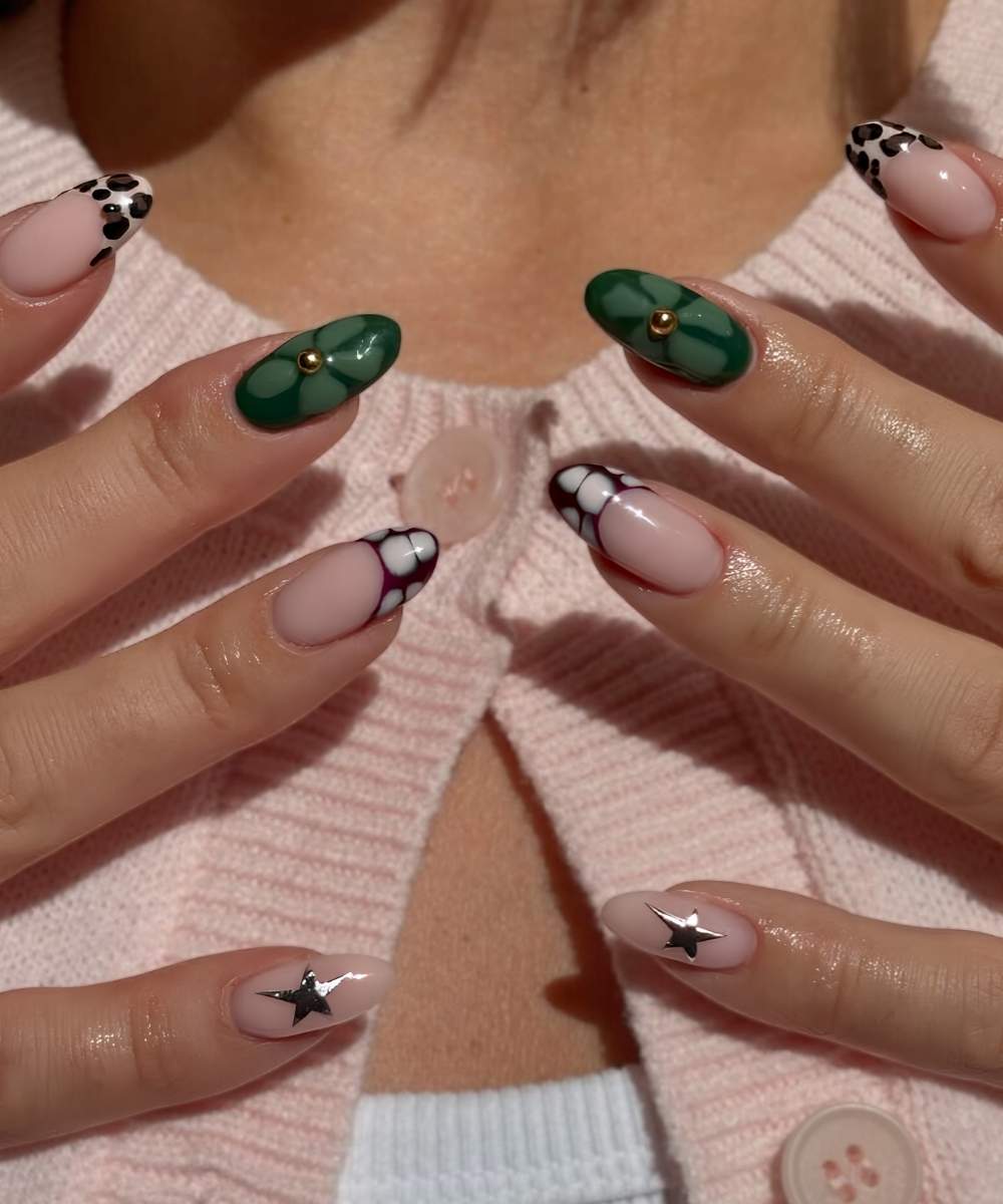 Mix and match mani with green florals and animal print