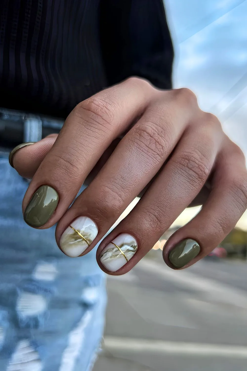 Olive green marble nails with gold chrome lines