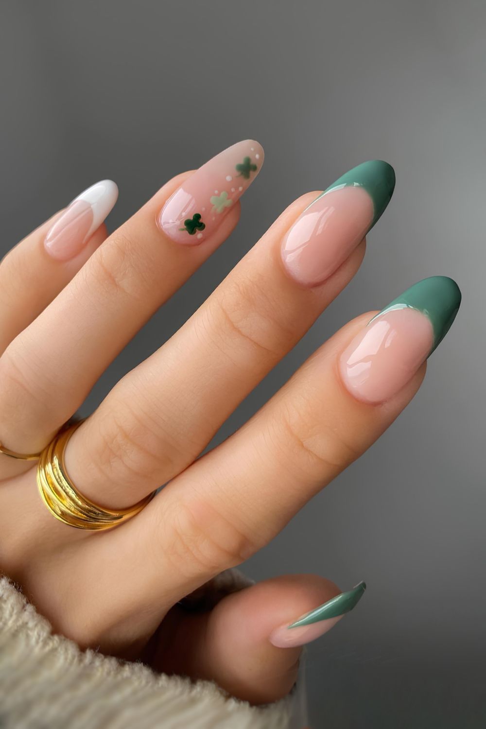 Pine green French nails with tiny shamrocks