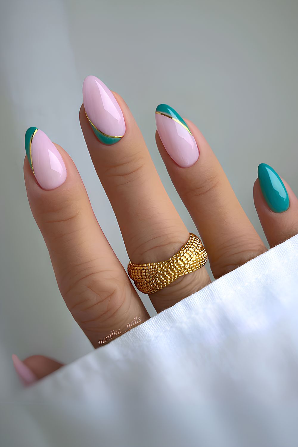 Pink and green nails with accent French tips