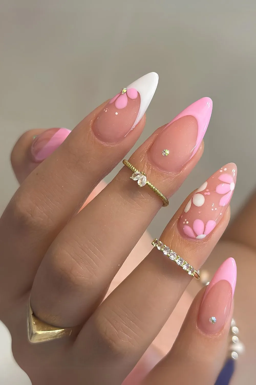 Pink and white floral French nails