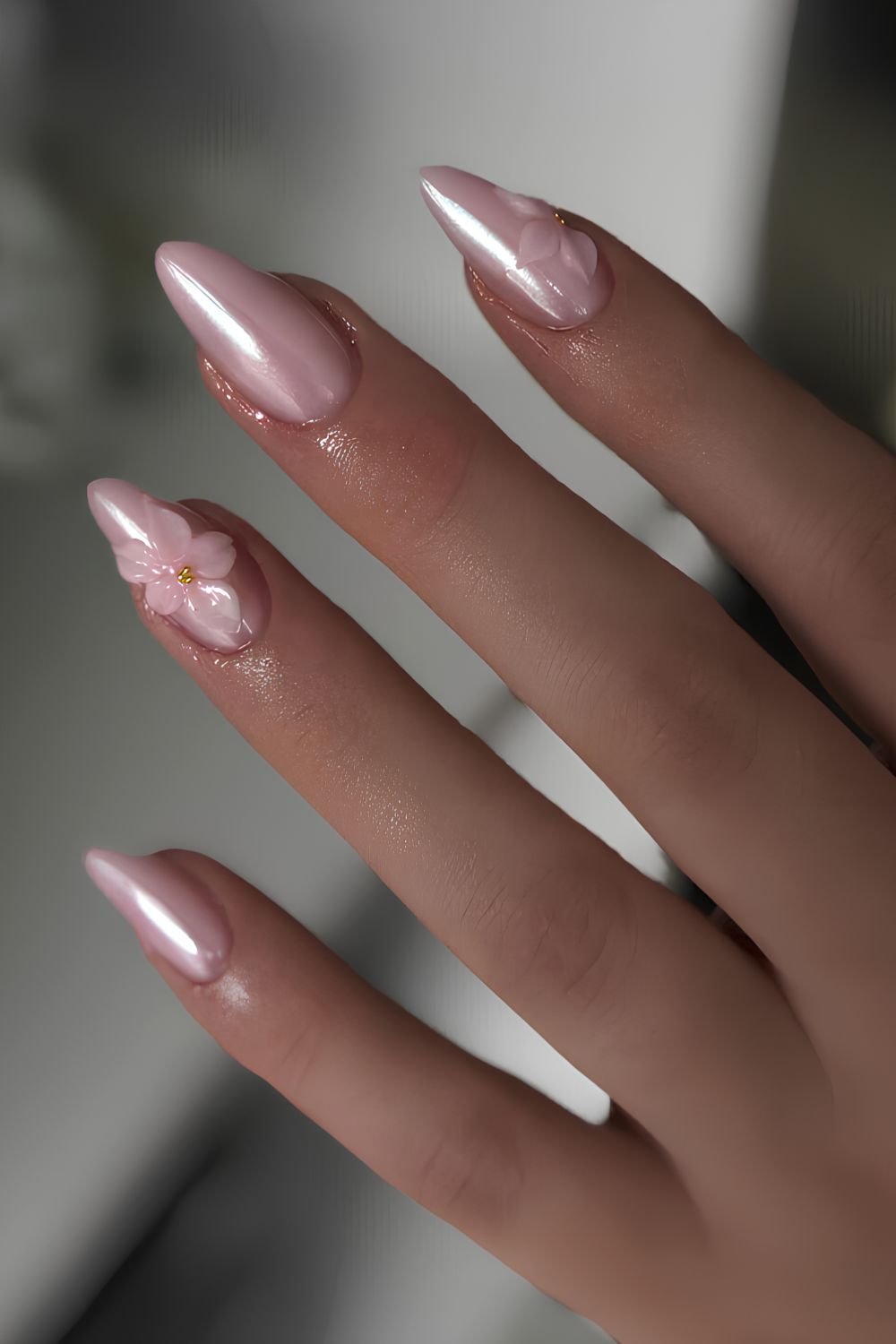 Pink chrome mani with 3d flowers