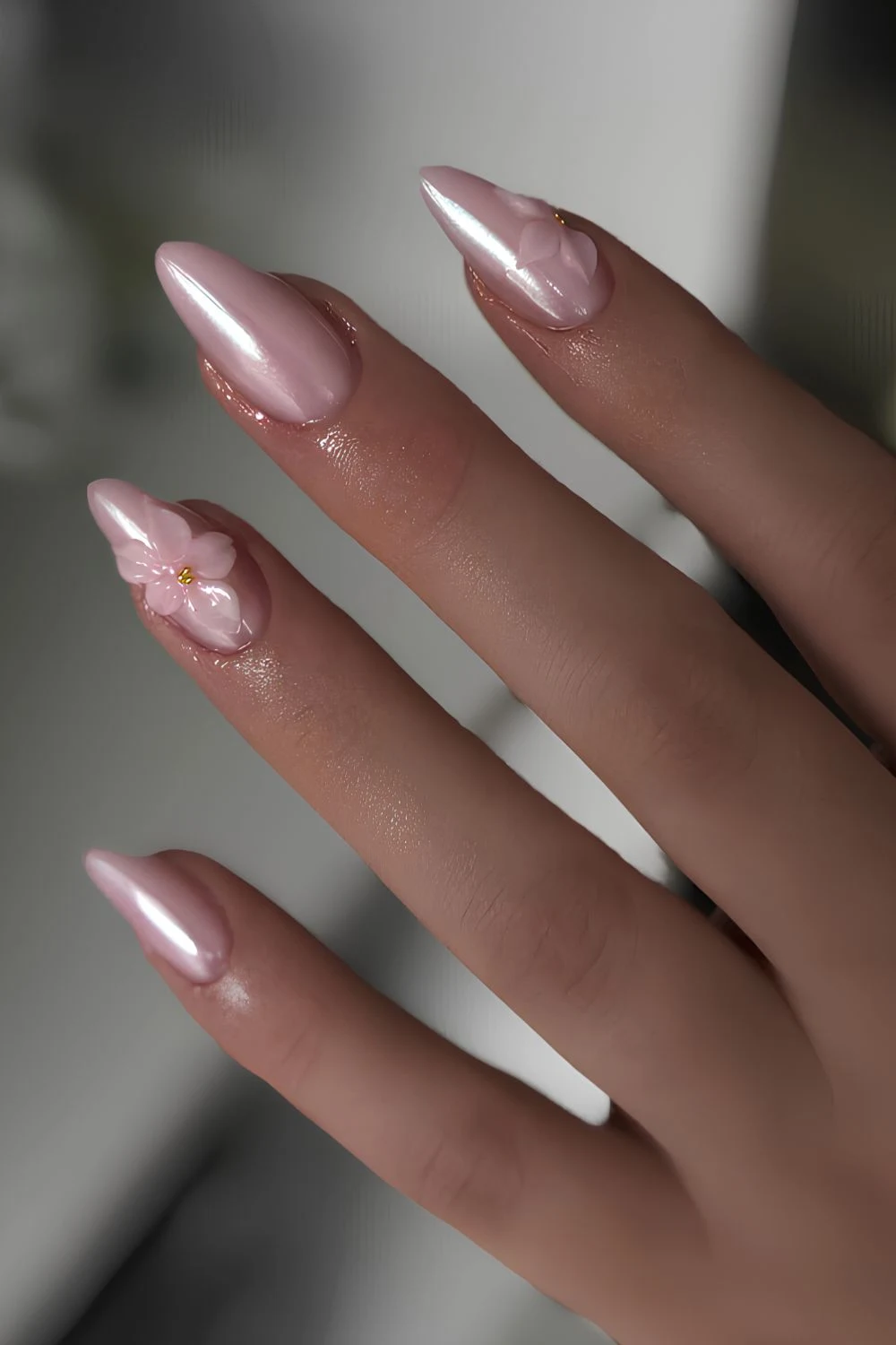Pink chrome mani with 3d flowers