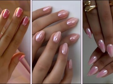 A collage of pink chrome nail designs