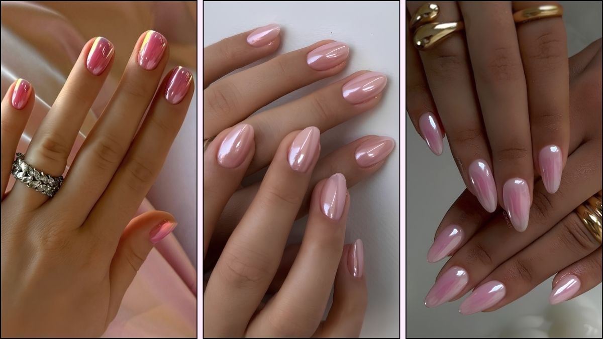 A collage of pink chrome nail designs