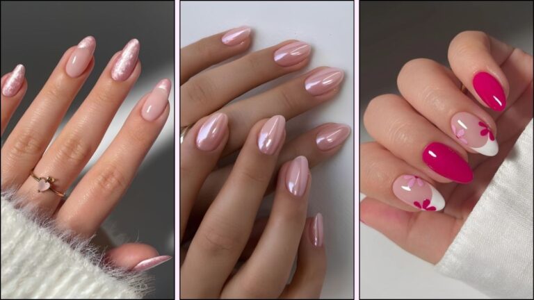 A collage of pink nail designs