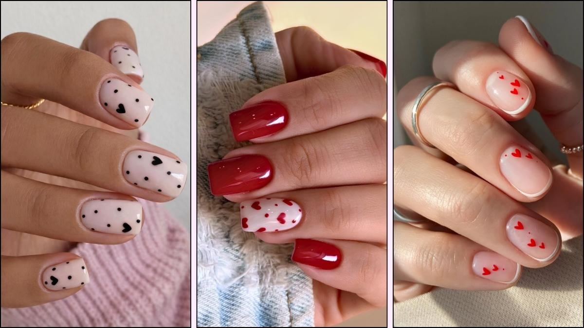 A colloage of short nail designs for Valentine's Day 2026