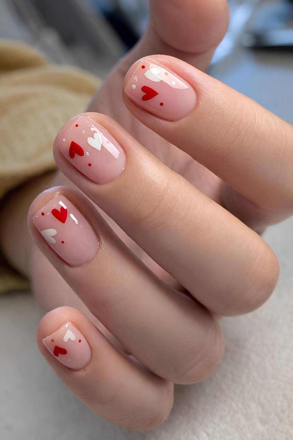 Short and sheer Valentine Day nails