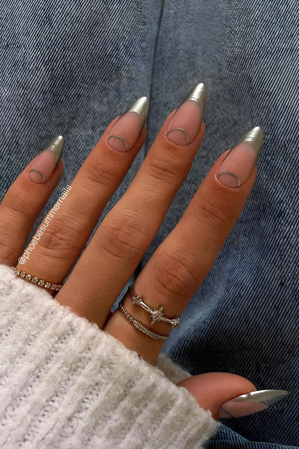 Silver chrome French tip nails with hal-moon accents on cuticle