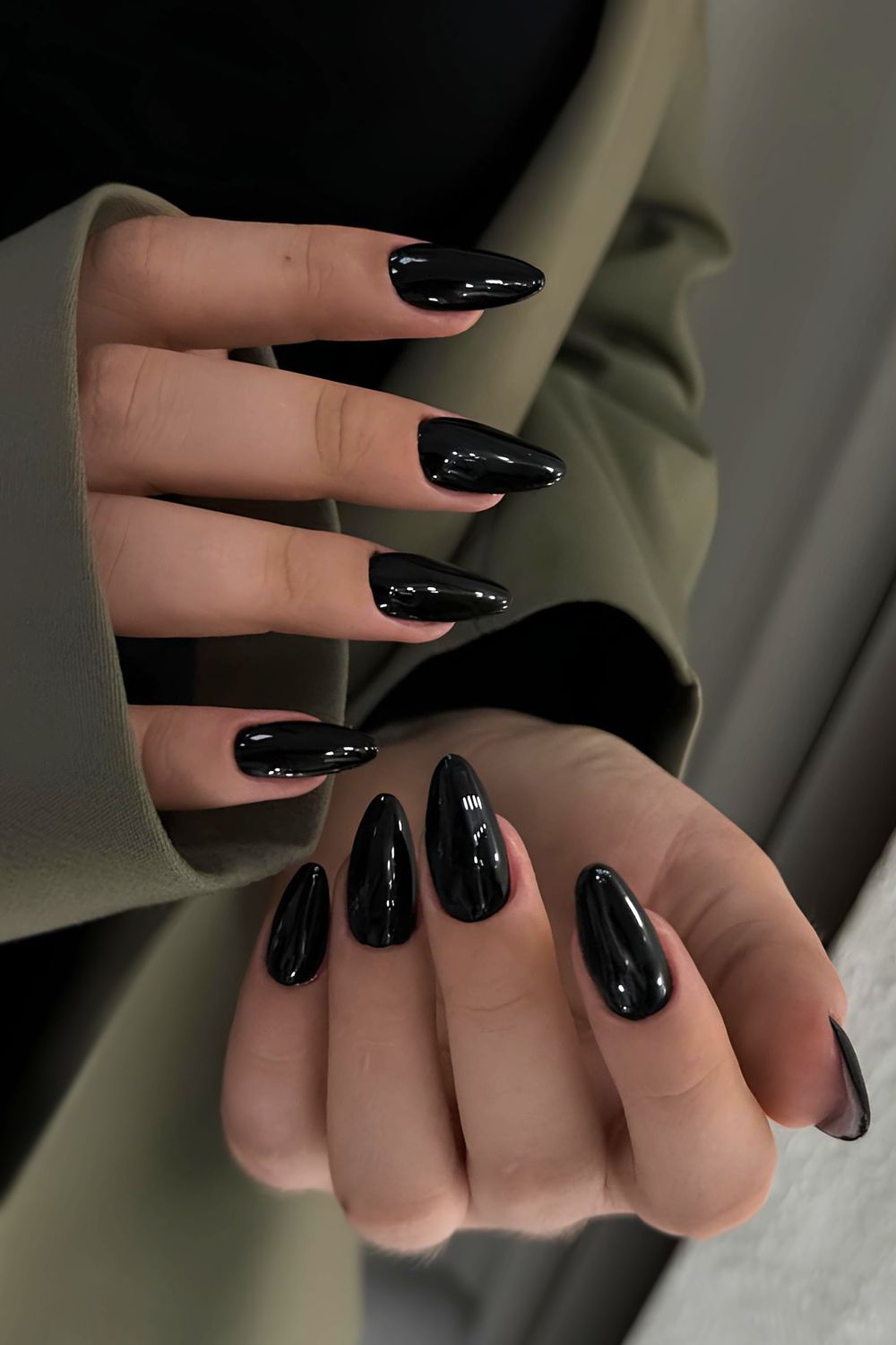 Solid black almond nails