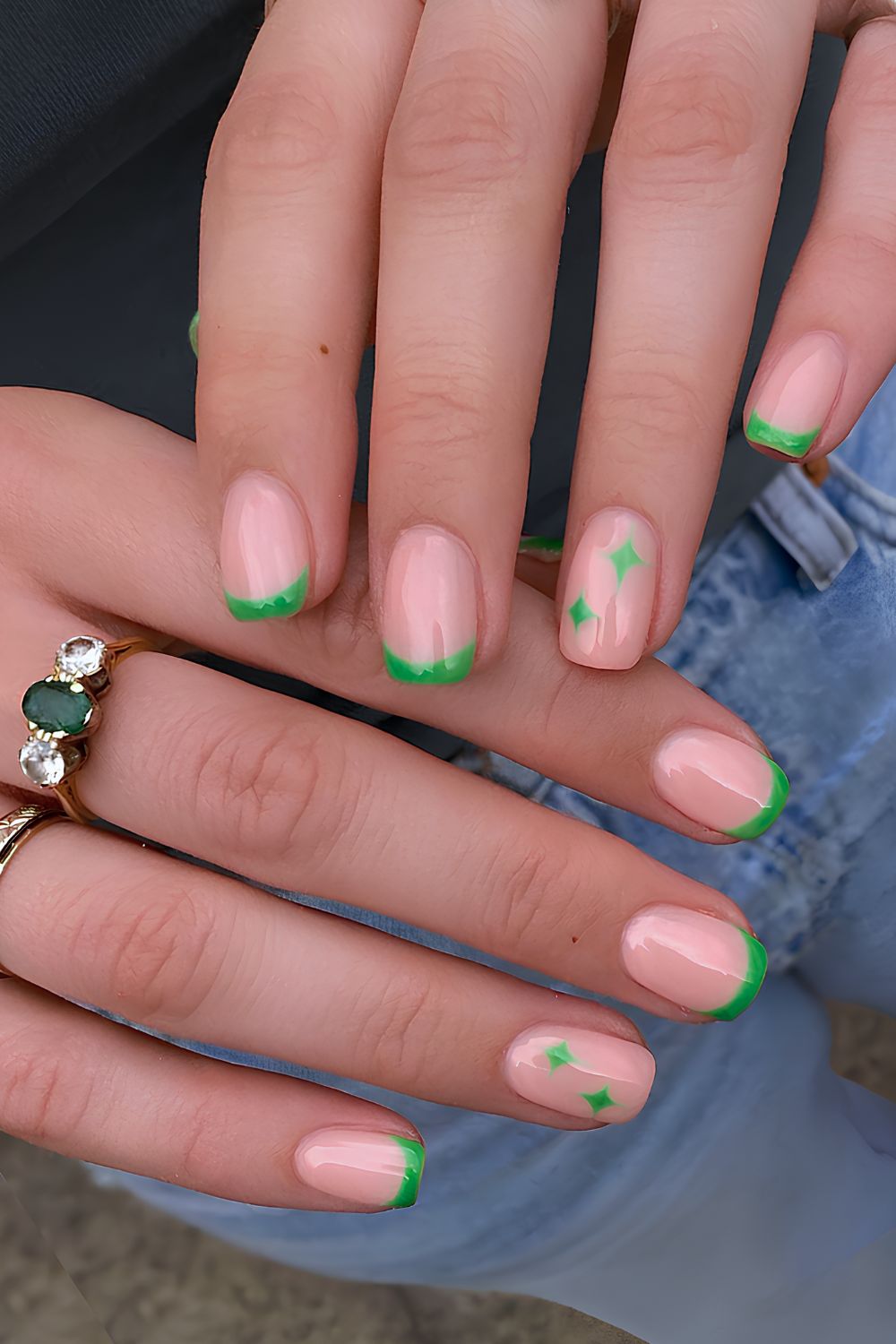 Thin green French mani with star art