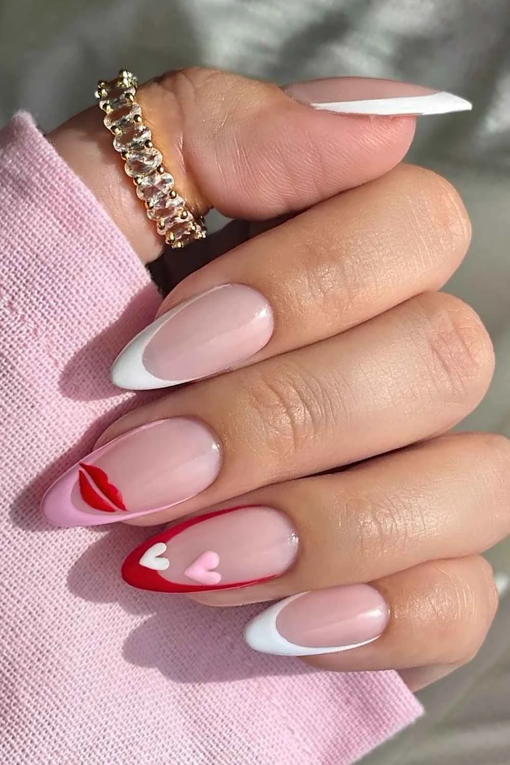 Valentines Day French nails with heart and kiss art