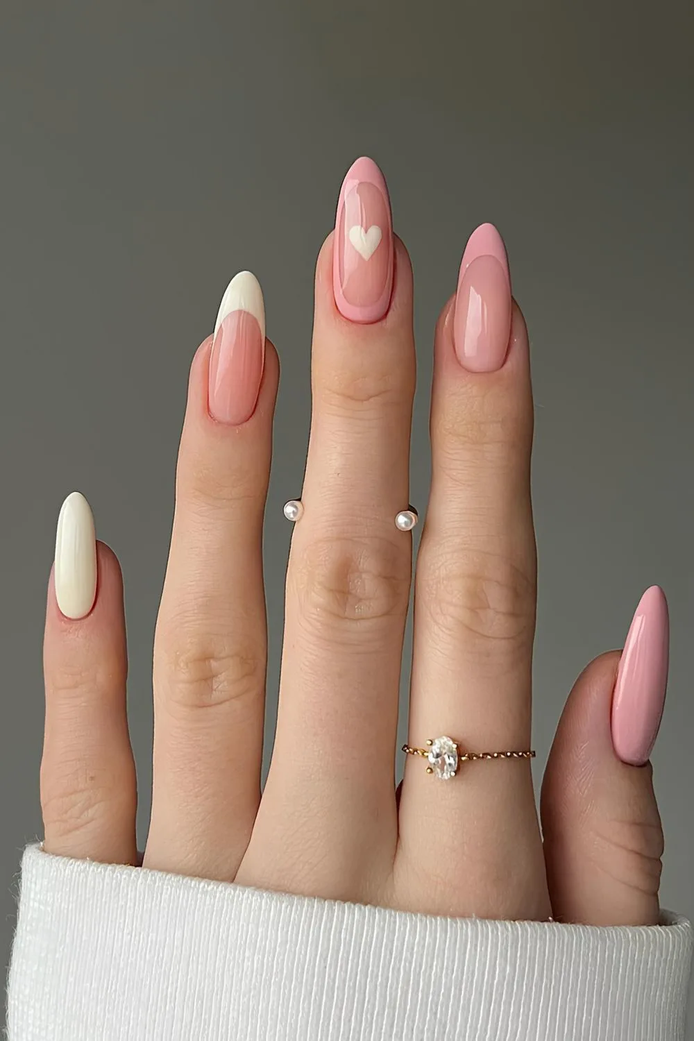 Vanilla and pink mani with heart accent