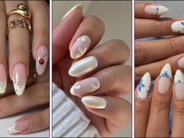 A collage of vanilla nail designs