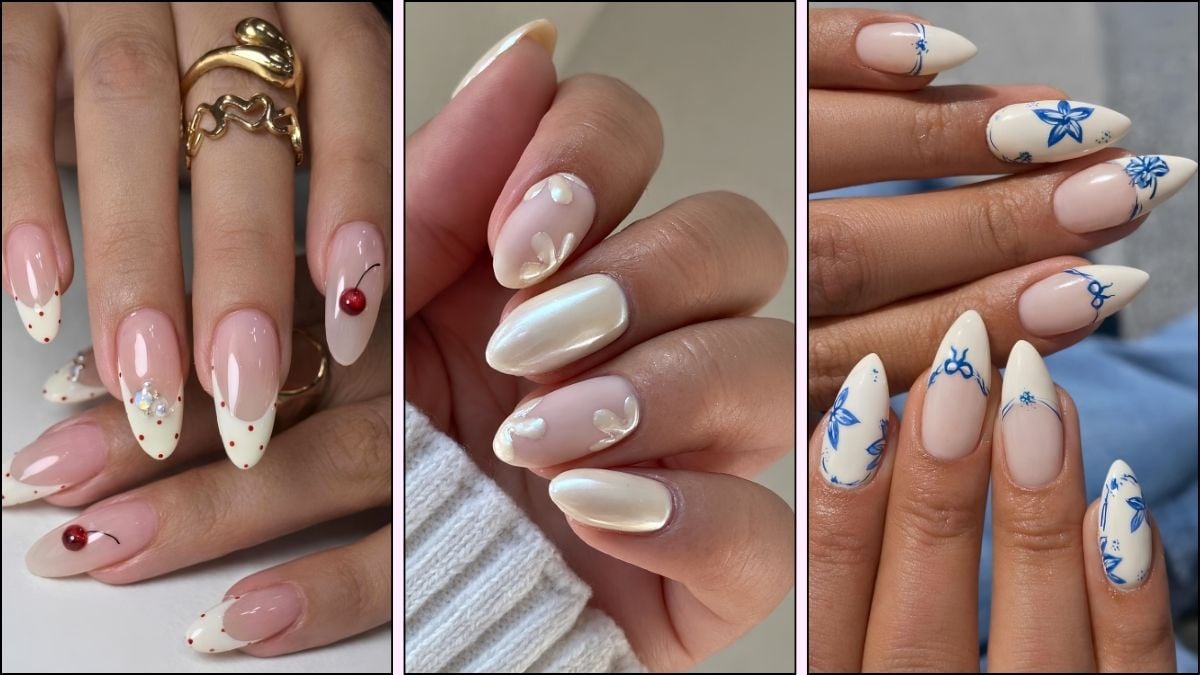 A collage of vanilla nail designs