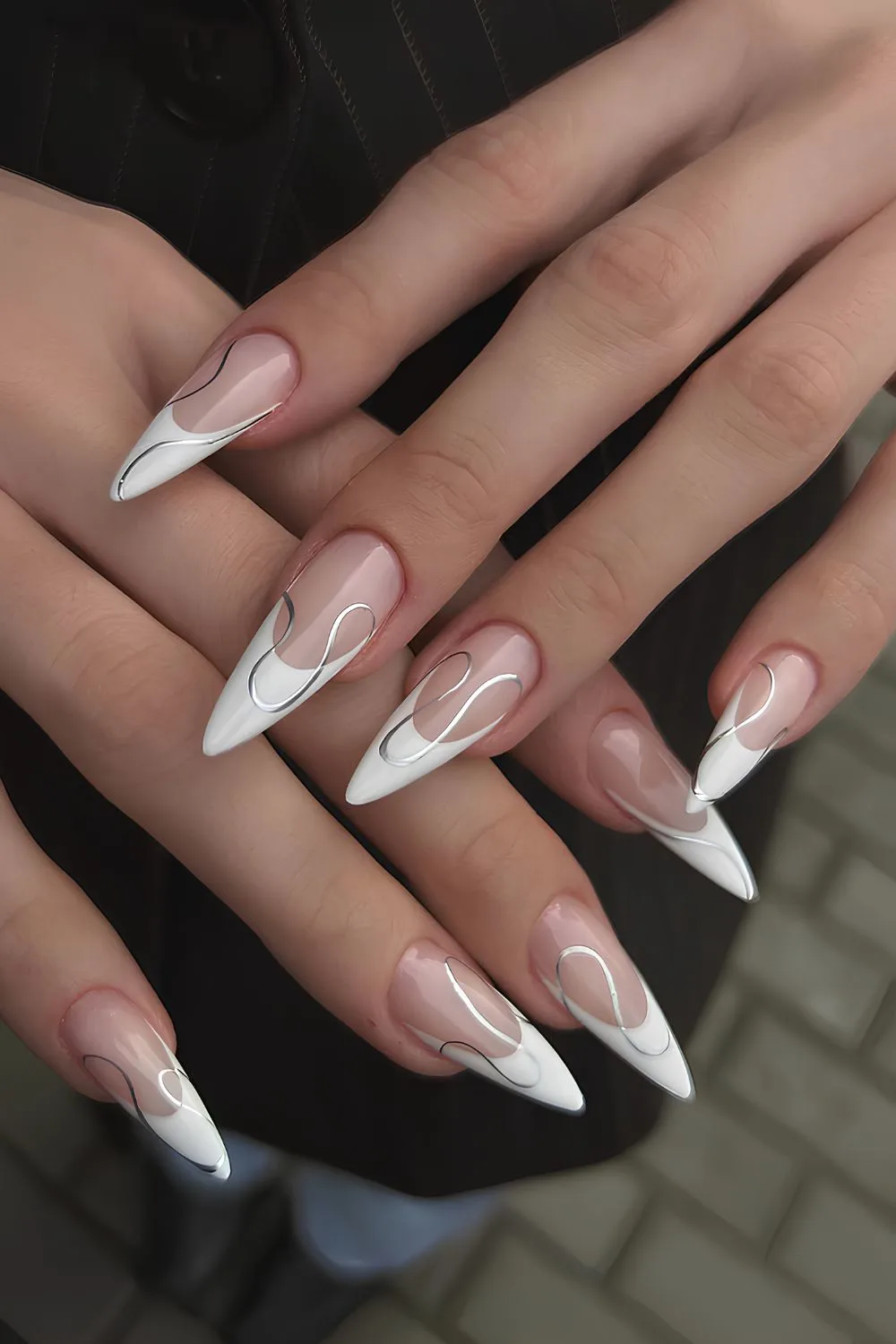 White French mani with silver chrome swirls