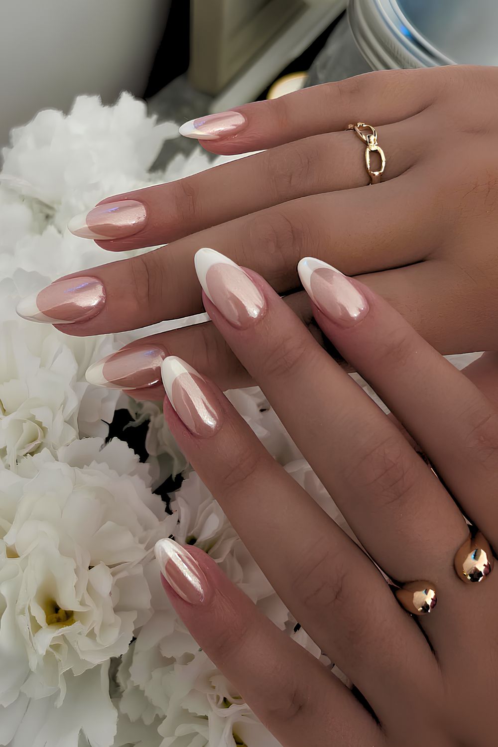 White French nails with chrome overlay