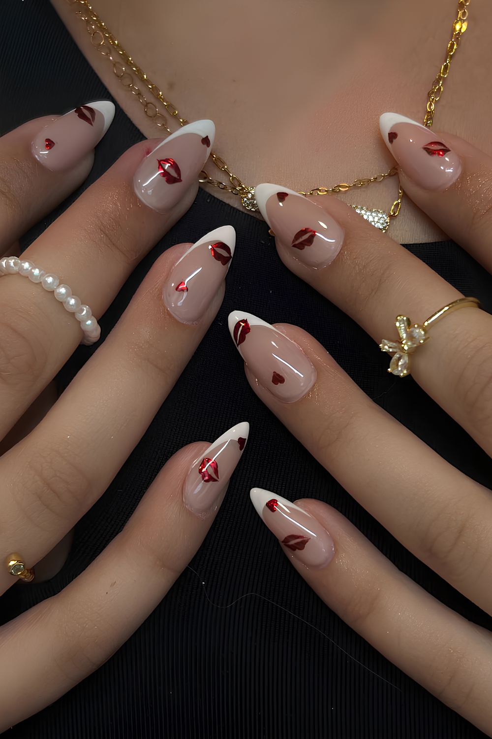 White French nails with red chrome kiss art