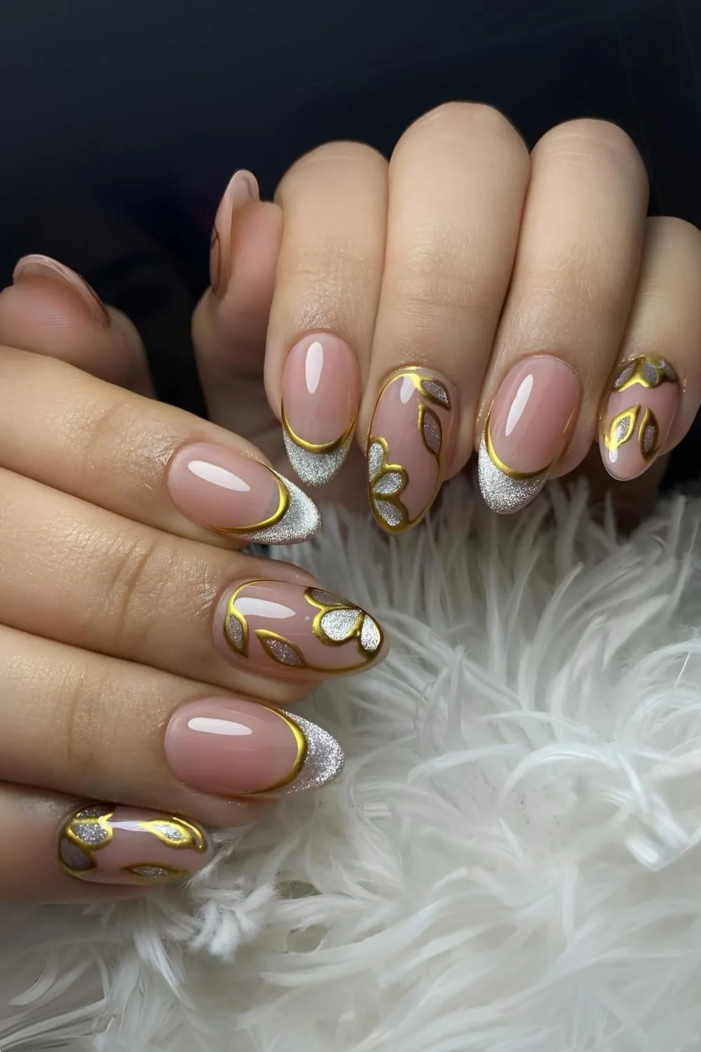 White and gold floral cat eye nails