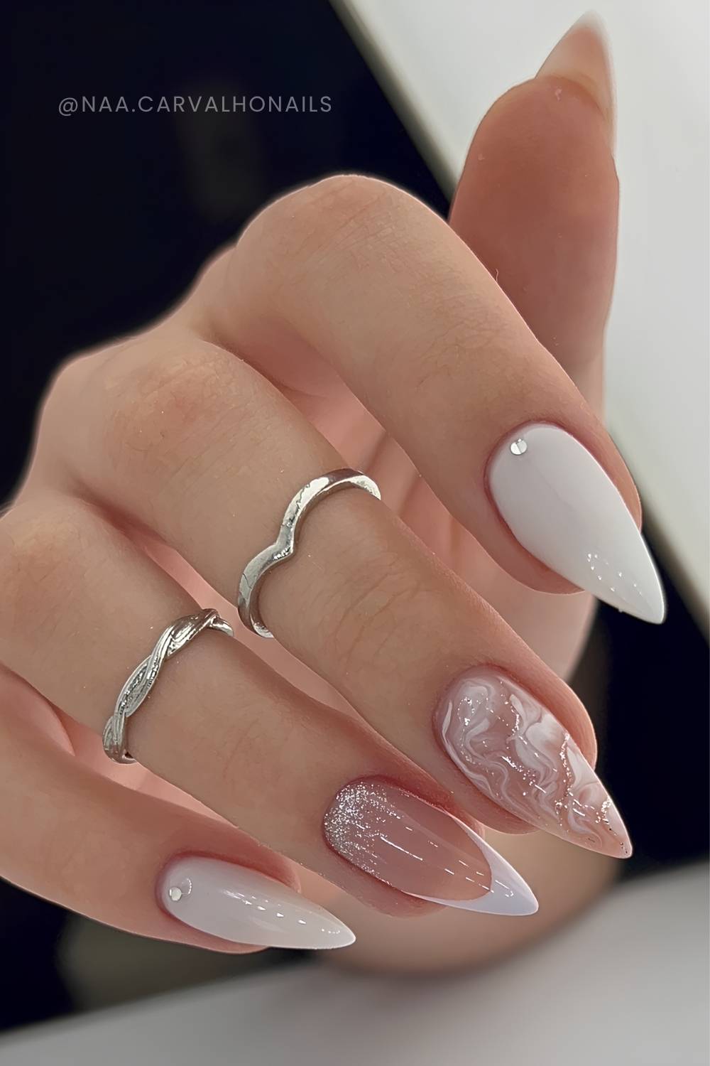 White marble nails with glitter and micro gems