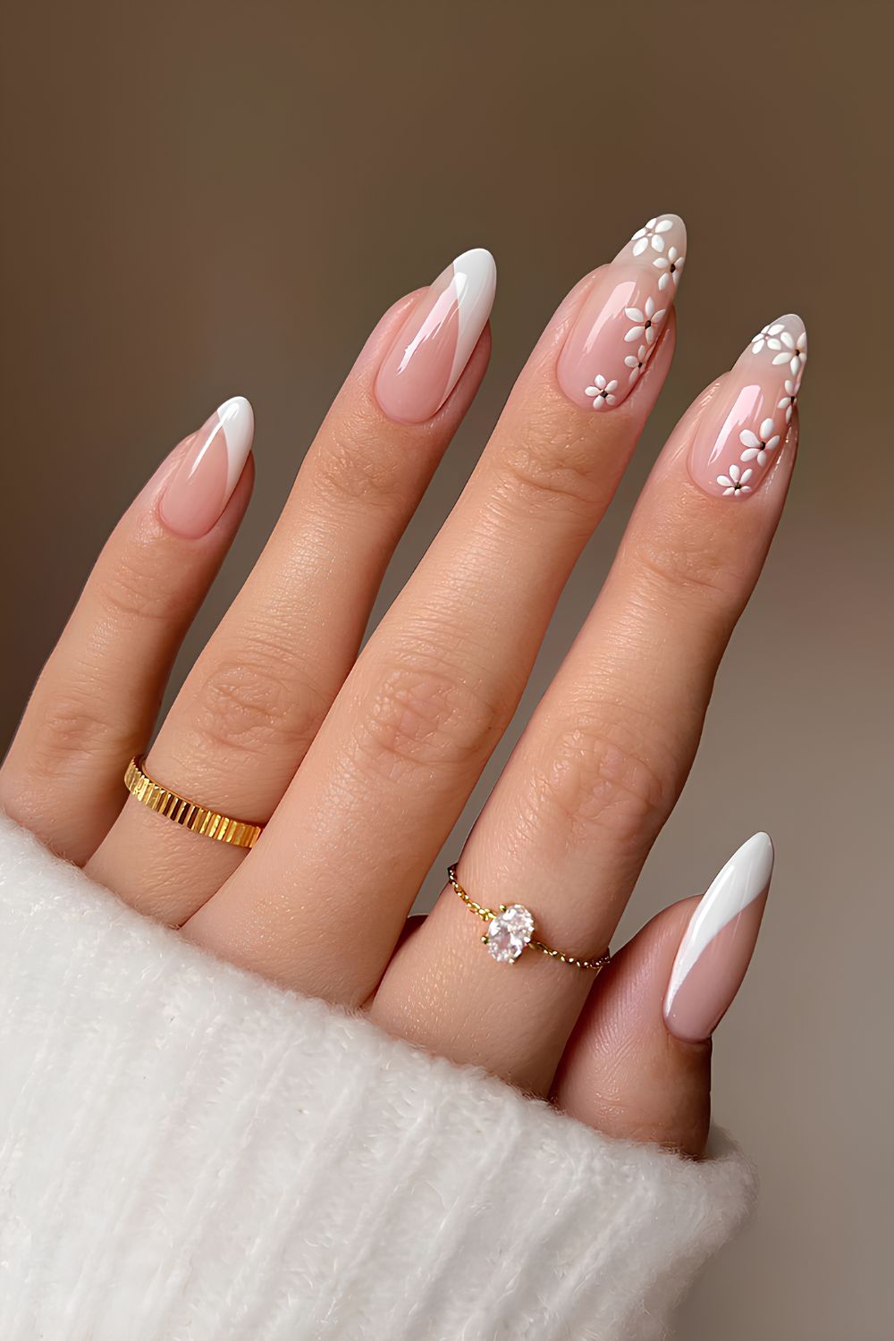 White side French tip nails with flowers