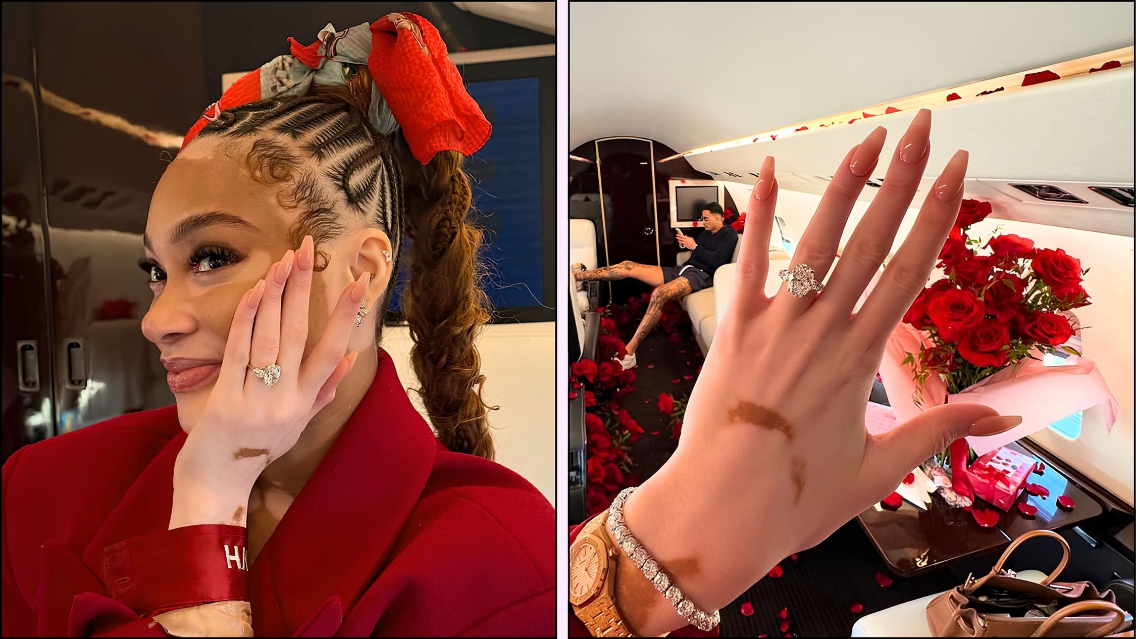 A collage of Winnie Harlow's engagement nails in milky neutral shade