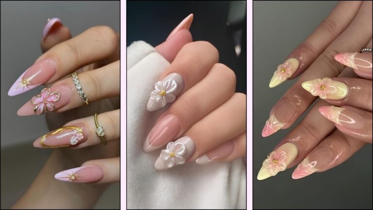 A collage of 3D floral nail designs