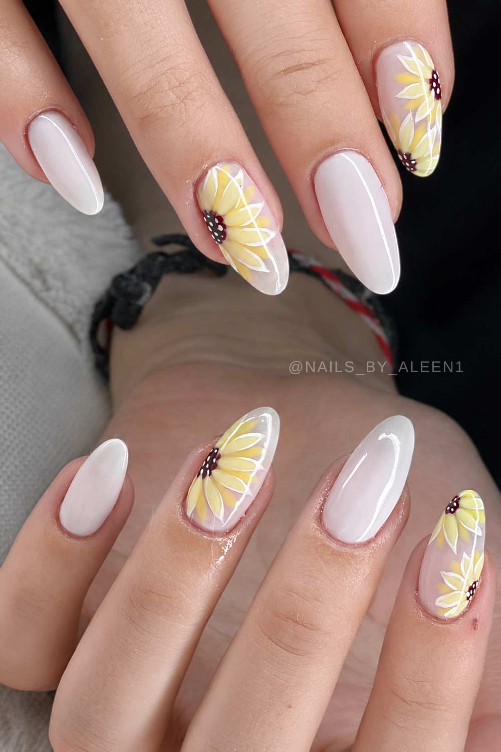 Almond milky white mani with sunflowers