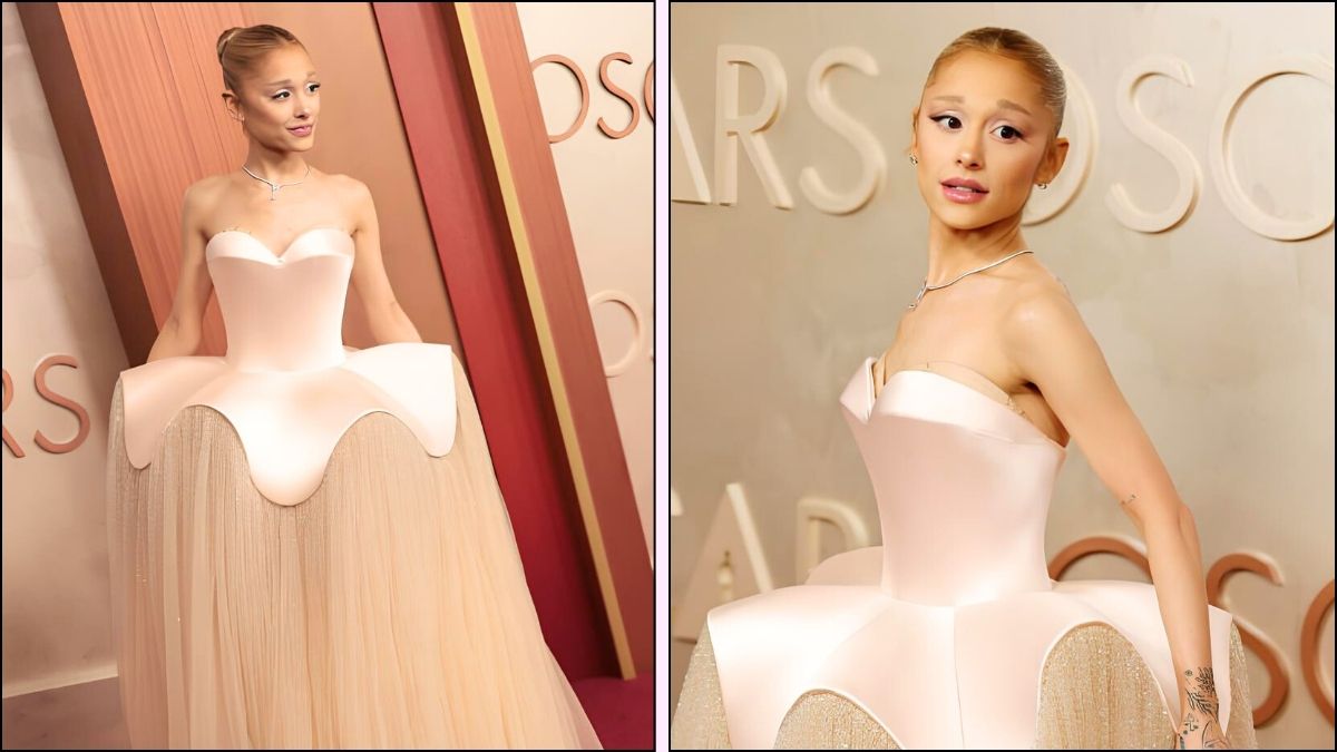 A collage of Ariana Grande's outfit at Oscars