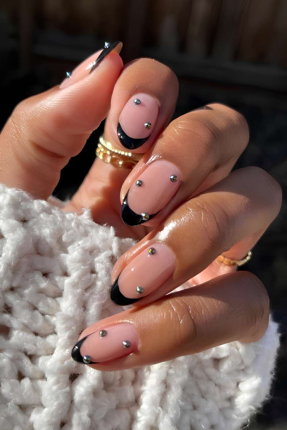 Black French mani with silver micro beads