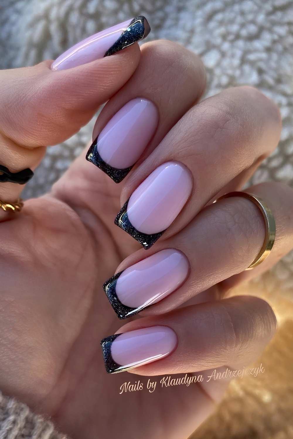 Black glitter square French nails